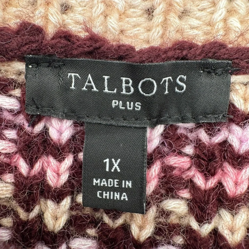 TALBOTS Women's 1X Purple Pink Tweed Crewneck Cardigan Sweater Knit Button Front